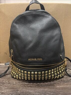 Michael Kors Black Leather Mini Backpack with Gold Stud Accents